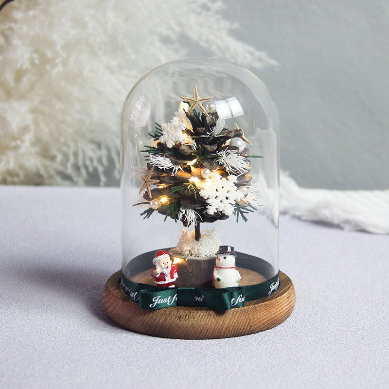 G92 Christmas Finished Decoration Fresh Flower Rose Gift Pine Cone Dried Flowers Bouquet Glass Cover Christmas Pine Cone