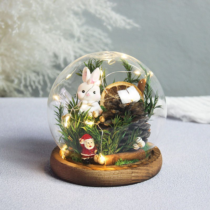 G92 Christmas Finished Decoration Fresh Flower Rose Gift Pine Cone Dried Flowers Bouquet Glass Cover Christmas Pine Cone