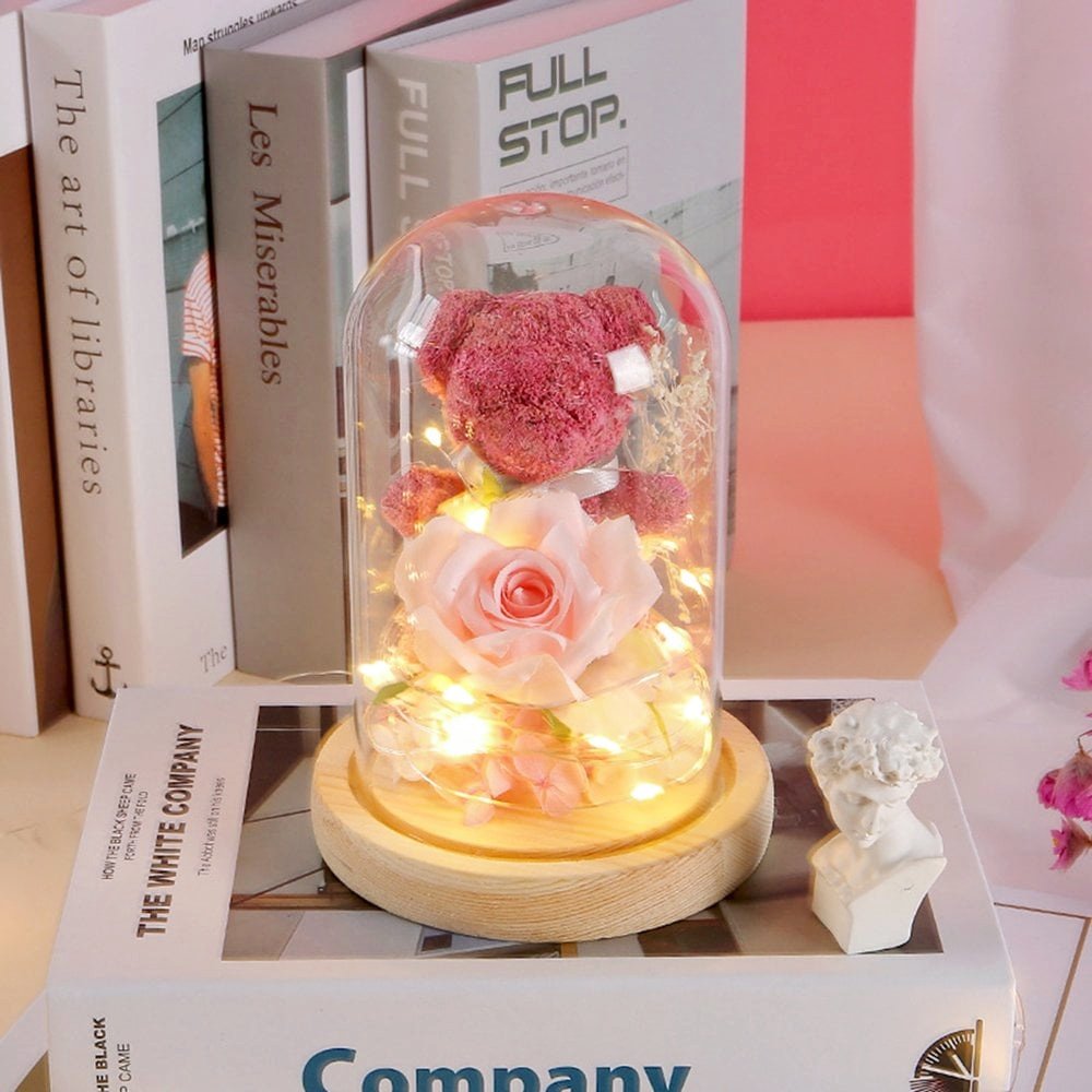 Hot Selling Real Touch Immortal Preserved Roses Eternal Moss Bear With Light For Christmas Gift