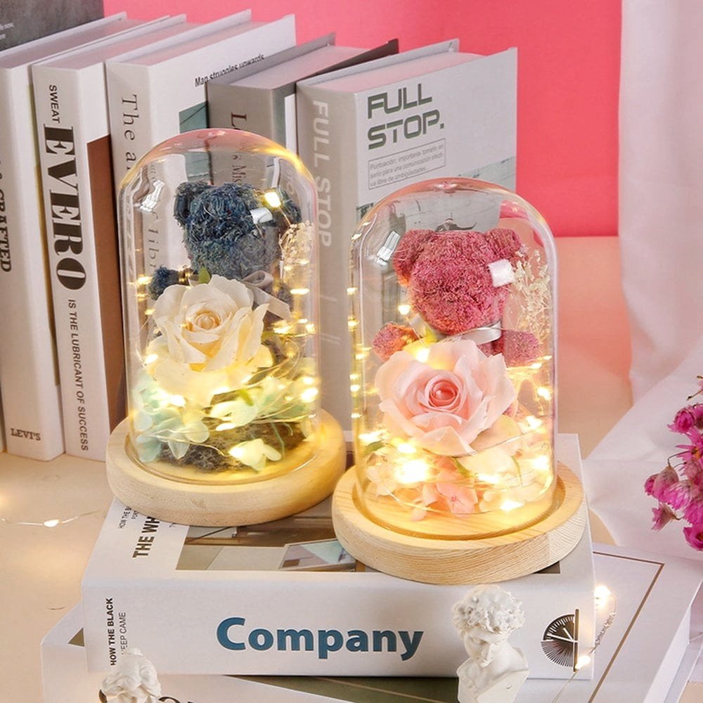 Hot Selling Real Touch Immortal Preserved Roses Eternal Moss Bear With Light For Christmas Gift