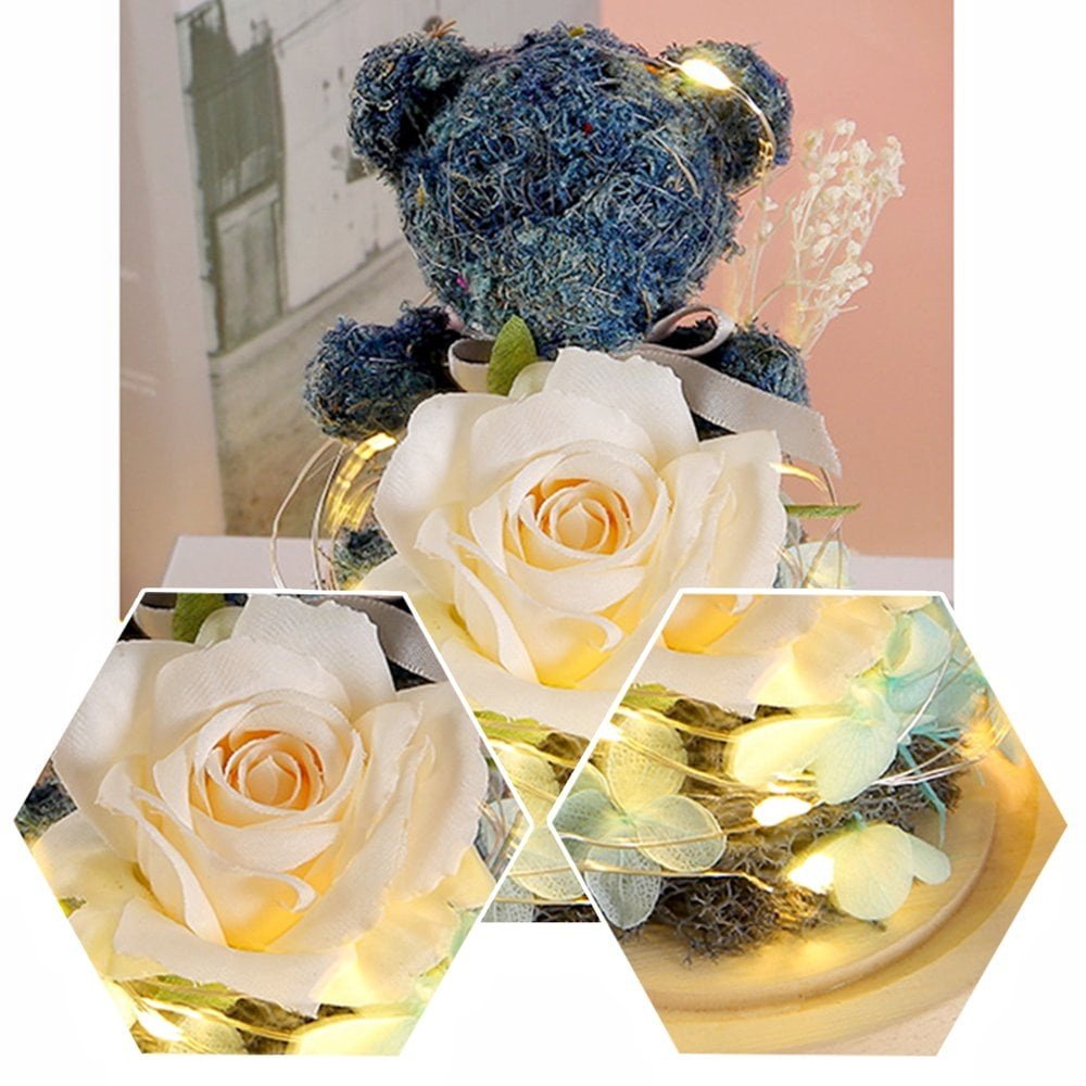 Hot Selling Real Touch Immortal Preserved Roses Eternal Moss Bear With Light For Christmas Gift