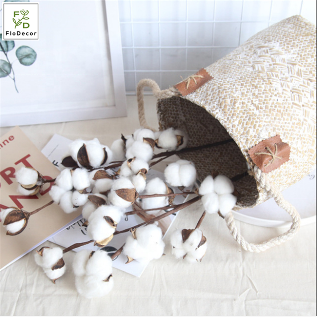 Hot Sale Artificial White 10 Heads Dried Cotton Flower Branch Dry Stem for Home Christmas Wedding Party Decoration