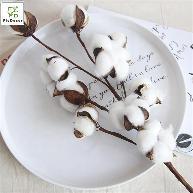 Hot Sale Artificial White 10 Heads Dried Cotton Flower Branch Dry Stem for Home Christmas Wedding Party Decoration