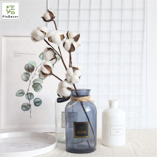Hot Sale Artificial White 10 Heads Dried Cotton Flower Branch Dry Stem for Home Christmas Wedding Party Decoration