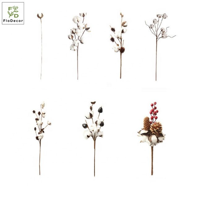Hot Sale Artificial White 10 Heads Dried Cotton Flower Branch Dry Stem for Home Christmas Wedding Party Decoration