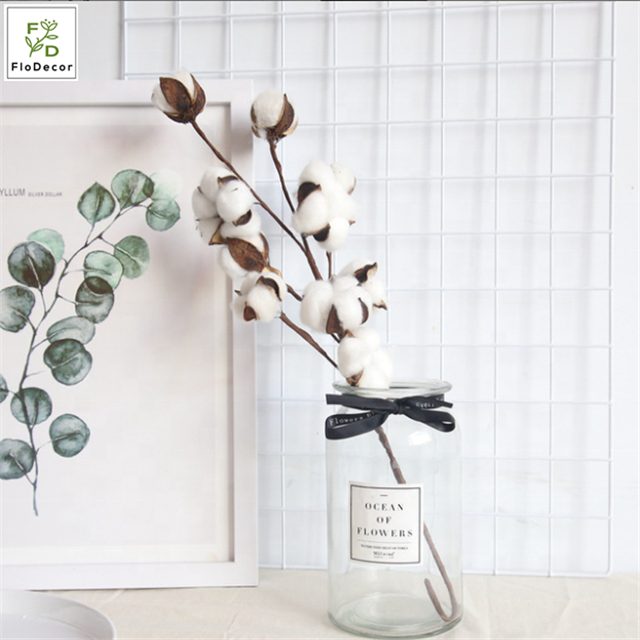 Hot Sale Artificial White 10 Heads Dried Cotton Flower Branch Dry Stem for Home Christmas Wedding Party Decoration