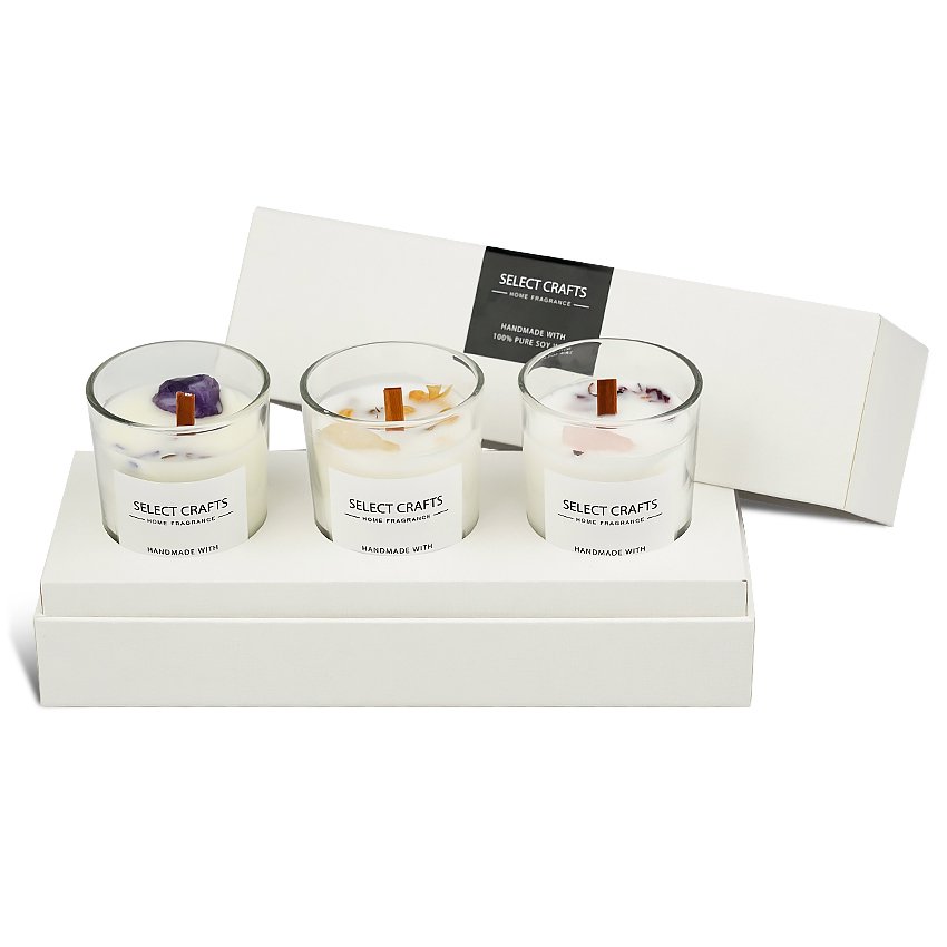 Wholesale Luxury Custom Design Valentines Day Gift Glass Bottle Dried Flowers Infused Wood Wicks 3 Packs Soy Wax Scented Candles