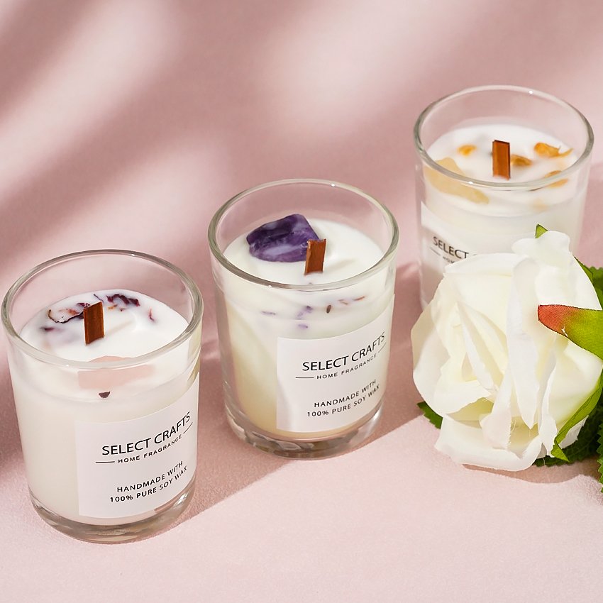 Wholesale Luxury Custom Design Valentines Day Gift Glass Bottle Dried Flowers Infused Wood Wicks 3 Packs Soy Wax Scented Candles