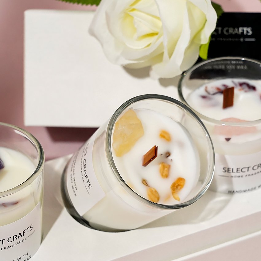 Wholesale Luxury Custom Design Valentines Day Gift Glass Bottle Dried Flowers Infused Wood Wicks 3 Packs Soy Wax Scented Candles