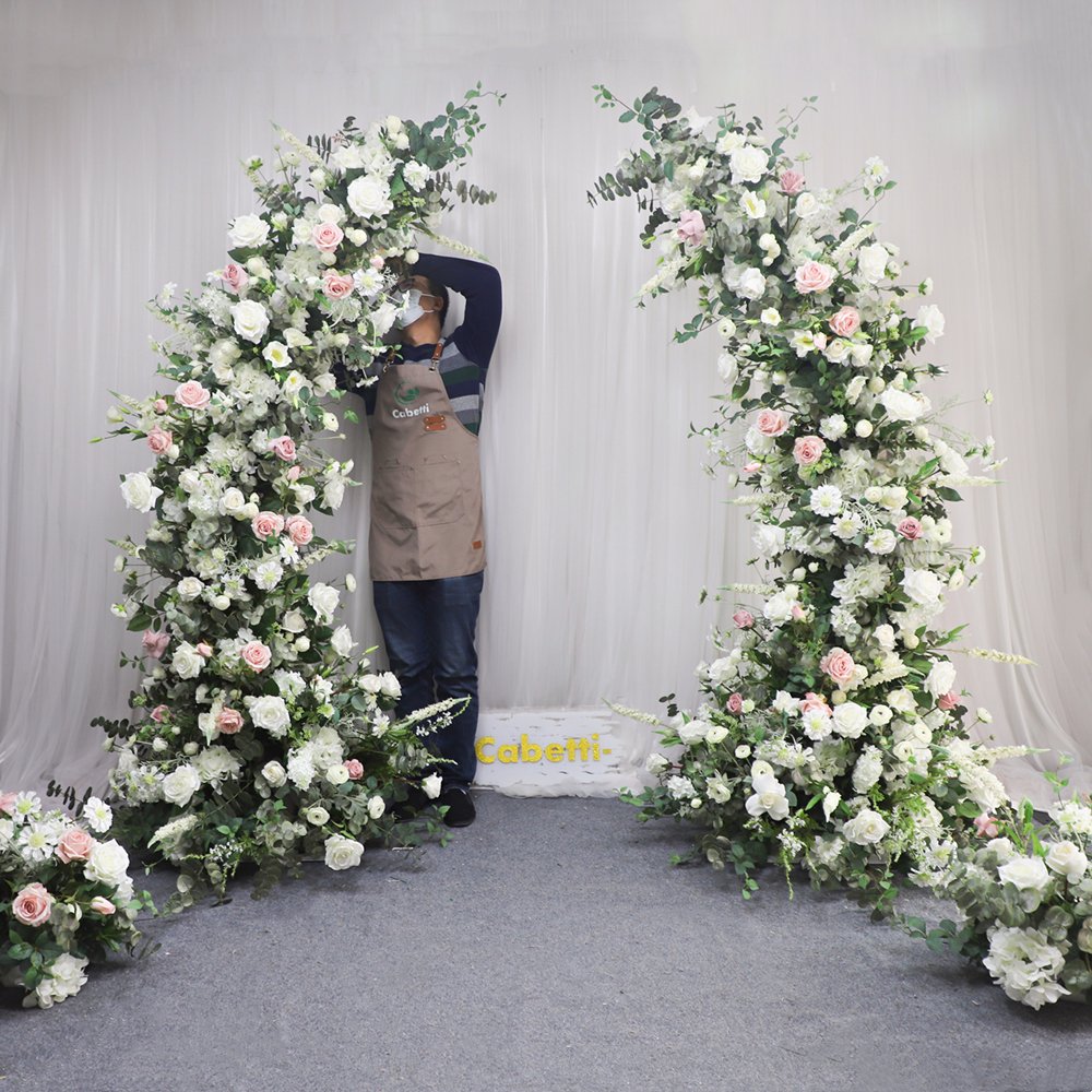 KCFA-140 Green Plant White Horn Arch Floral Wedding Stage Background Decoration Hydrangea Rose Backdrop Flower Arch