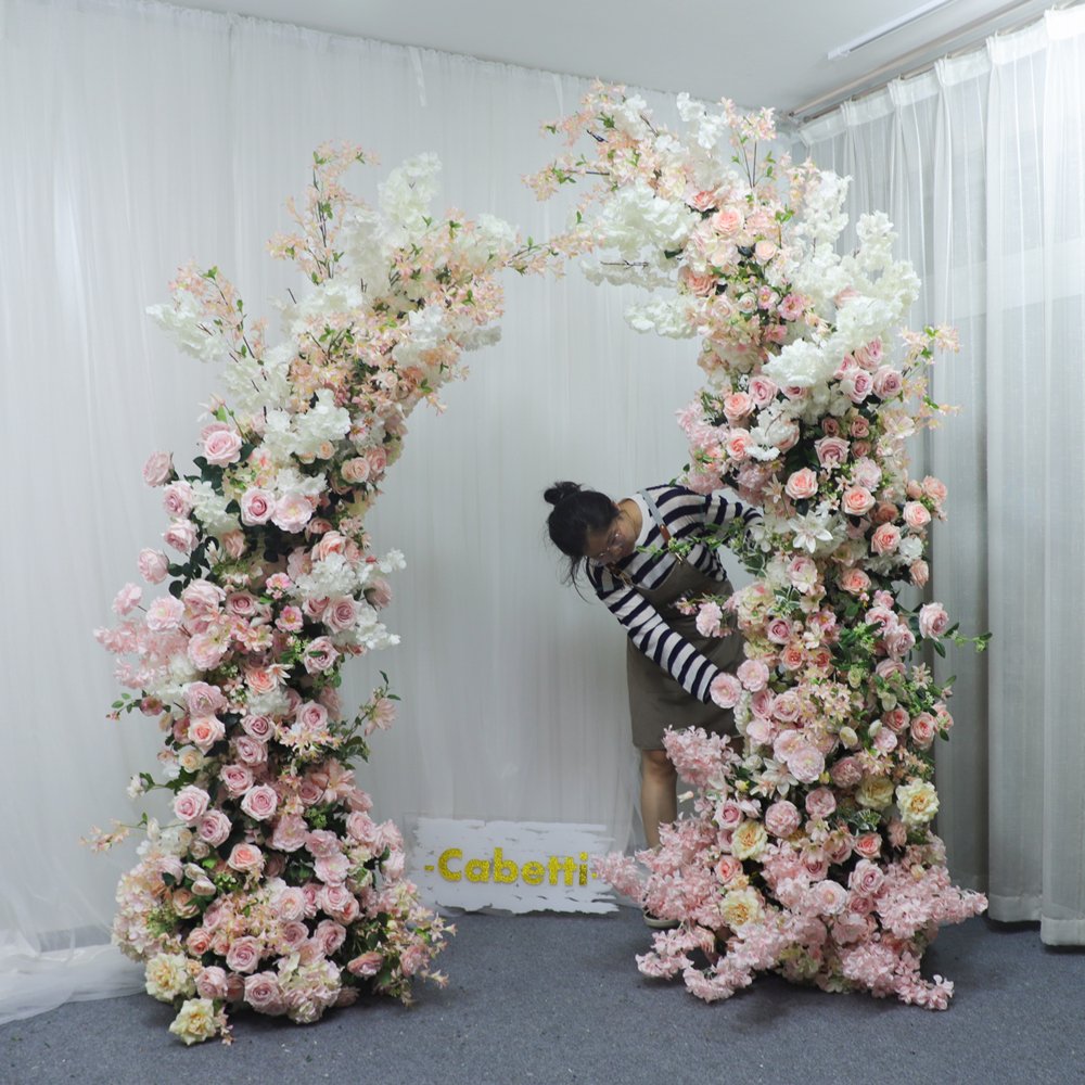 KCFA-140 Green Plant White Horn Arch Floral Wedding Stage Background Decoration Hydrangea Rose Backdrop Flower Arch
