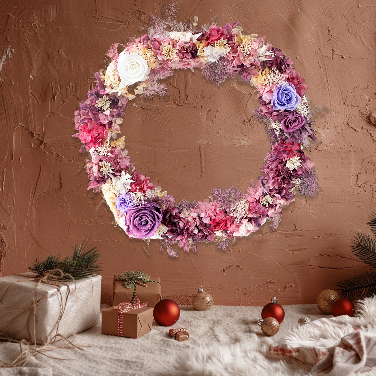 33cm Christmas Decoration Supplier New Year Christmas Door Decoration Preserved Flower Christmas Tree Candy Garland Wreath