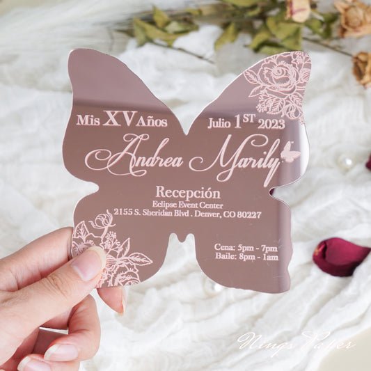custom Luxury Sweet 16 quinceanera Baby Shower party decorations silver mirror butterfly acrylic invitation cards with photos