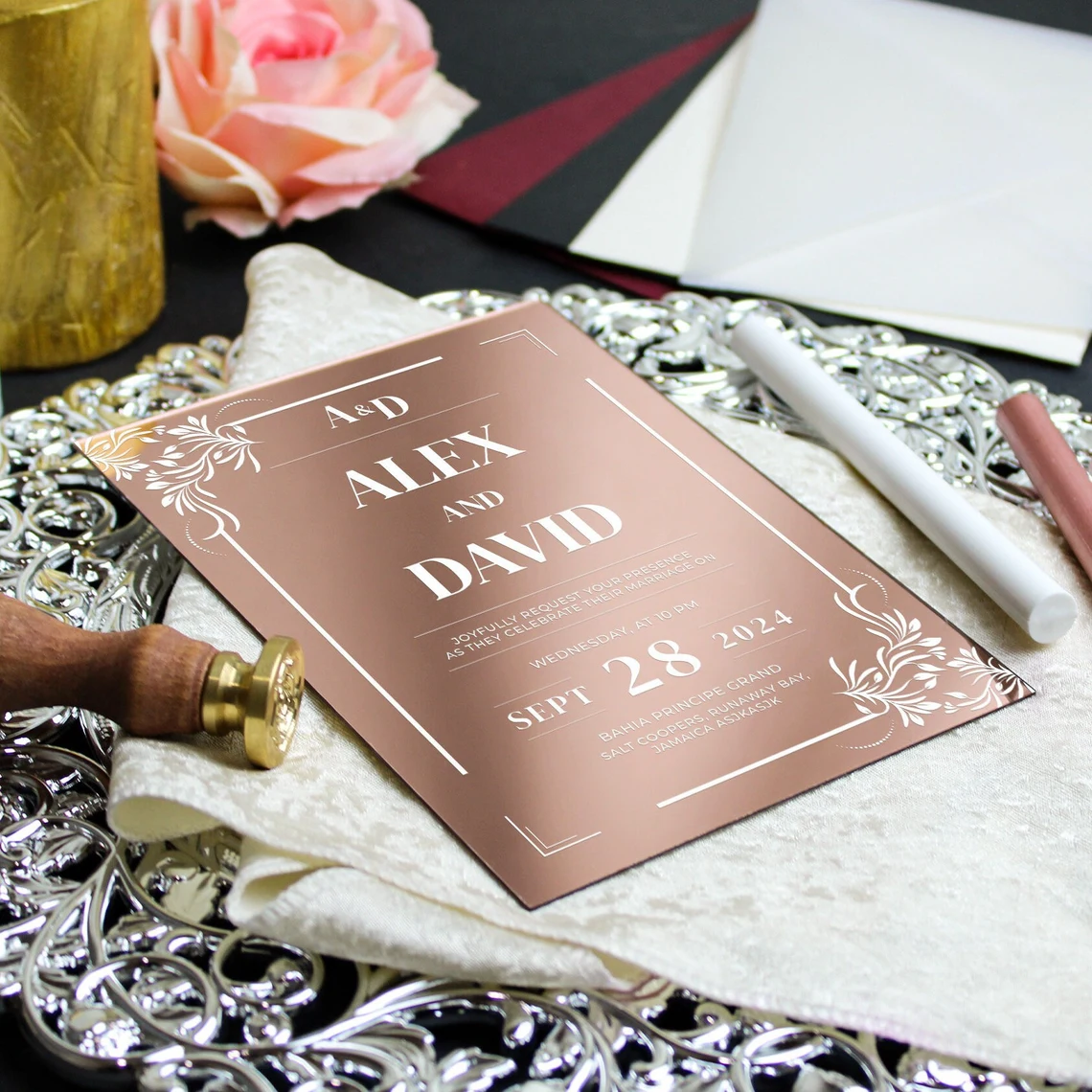party quinceanera birthday Custom luxury Elegant A5 rose gold silver mirror Acrylic Wedding Invitation Card mariage envelope