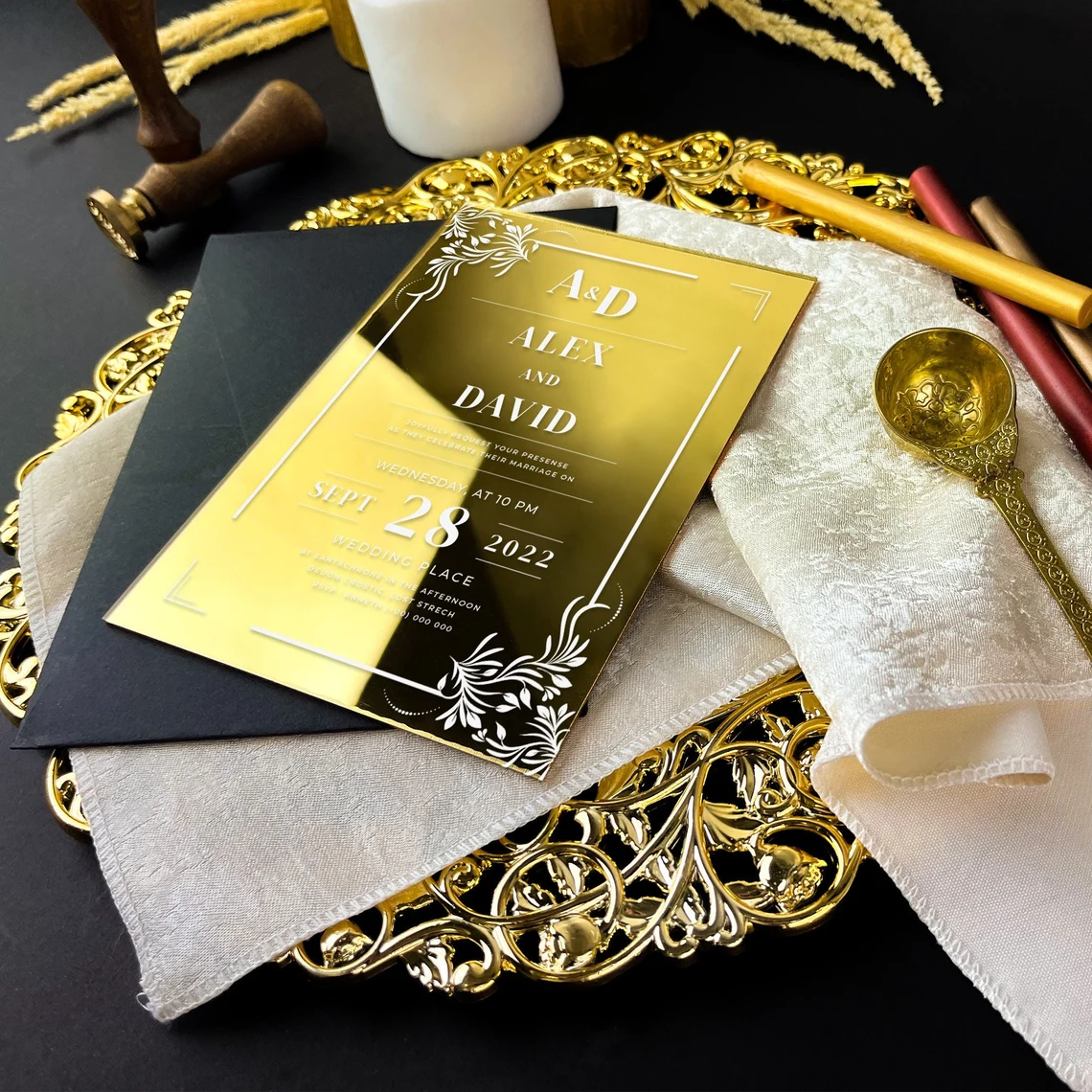 party quinceanera birthday Custom luxury Elegant A5 rose gold silver mirror Acrylic Wedding Invitation Card mariage envelope