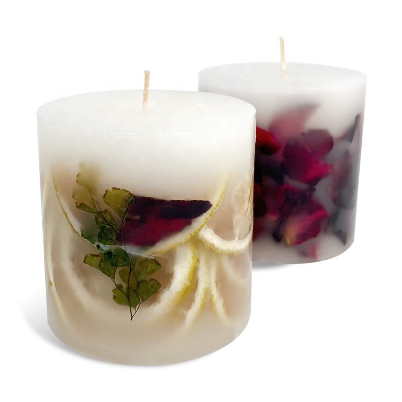 Wedding Home Decoration Aromatherapy Luxury 100% Handmade Dried Flowers Infused Scented Pillar Candles Wholesale