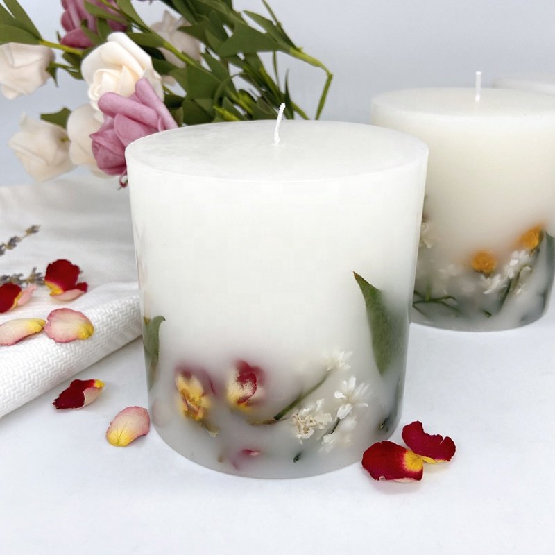 Wedding Home Decoration Aromatherapy Luxury 100% Handmade Dried Flowers Infused Scented Pillar Candles Wholesale