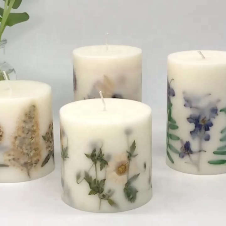 Wedding Home Decoration Aromatherapy Luxury 100% Handmade Dried Flowers Infused Scented Pillar Candles Wholesale