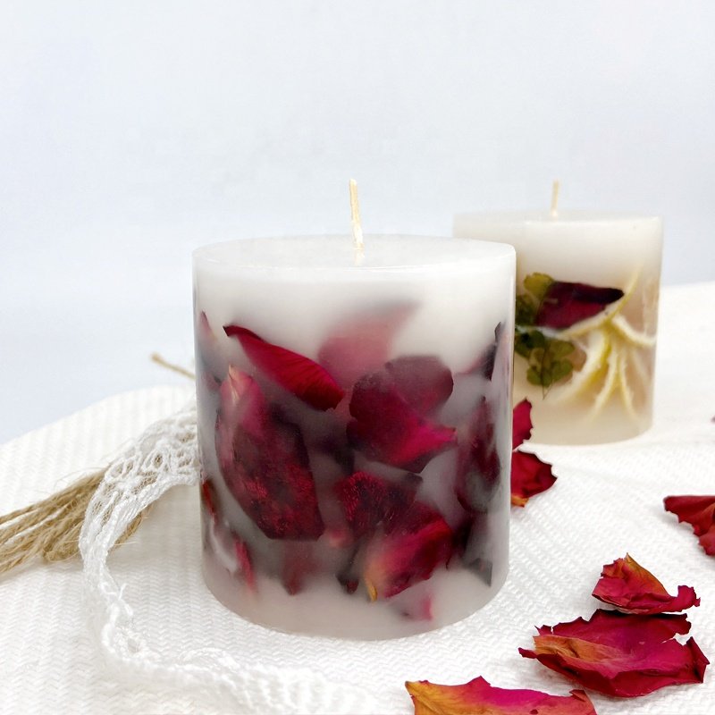 Wedding Home Decoration Aromatherapy Luxury 100% Handmade Dried Flowers Infused Scented Pillar Candles Wholesale