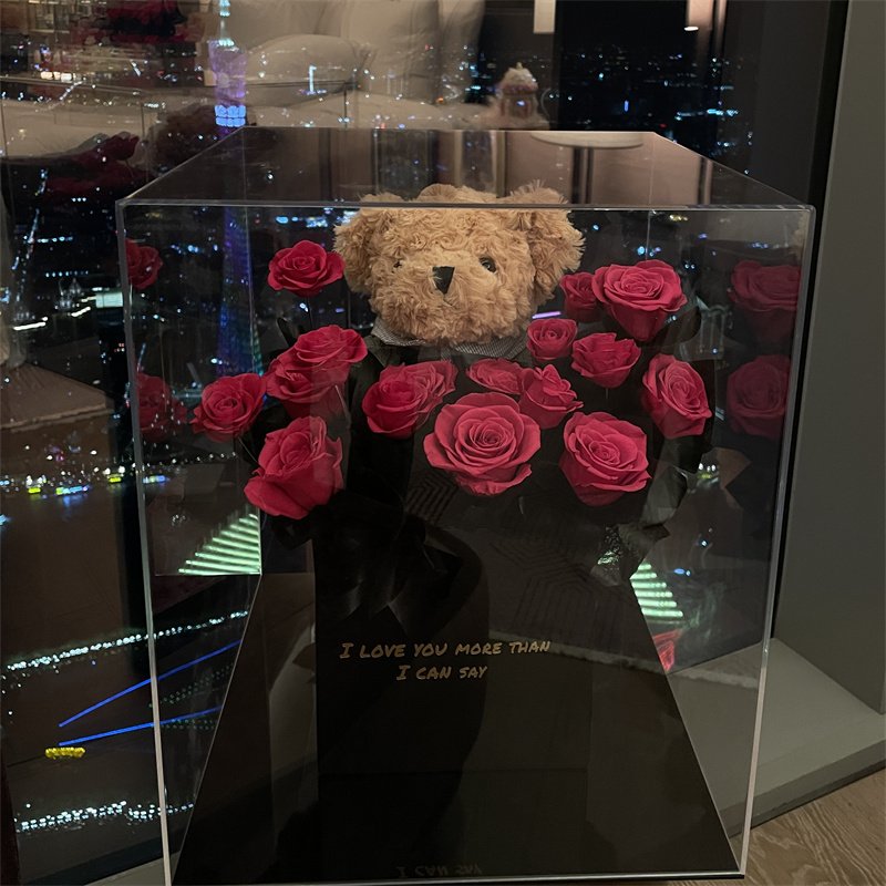 Wholesale Valentine Day Natural Real Plush Bear Acrylic Gift Box Flowers Decor Wedding Dried Flowers Eternal Preserve Roses