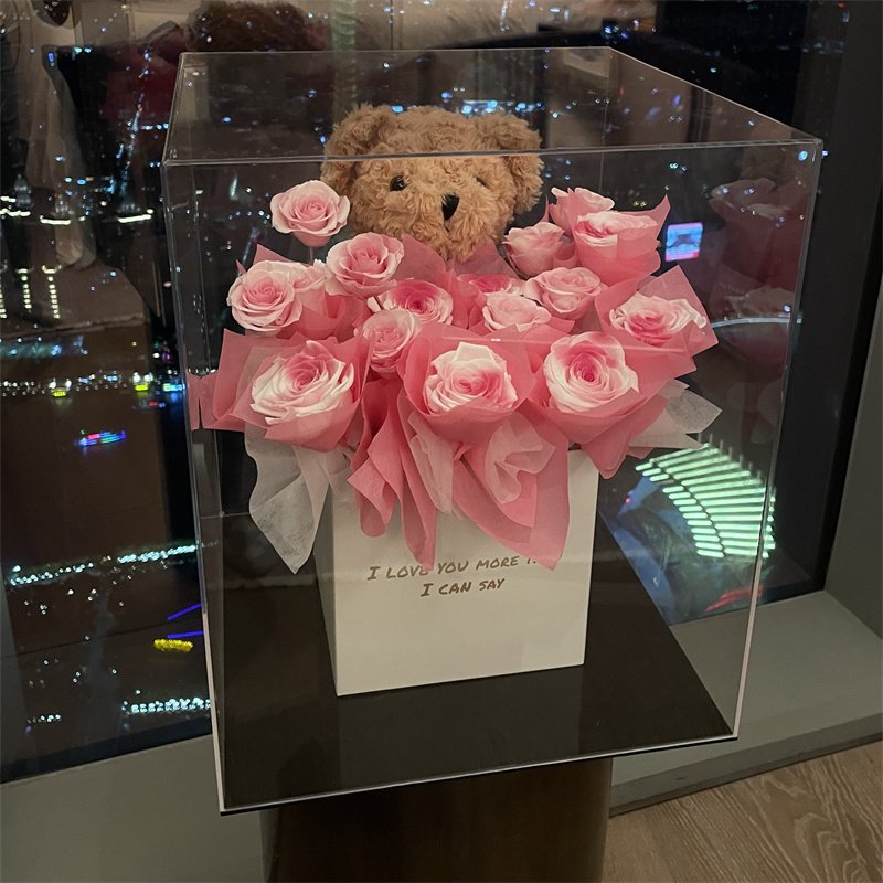 Wholesale Valentine Day Natural Real Plush Bear Acrylic Gift Box Flowers Decor Wedding Dried Flowers Eternal Preserve Roses