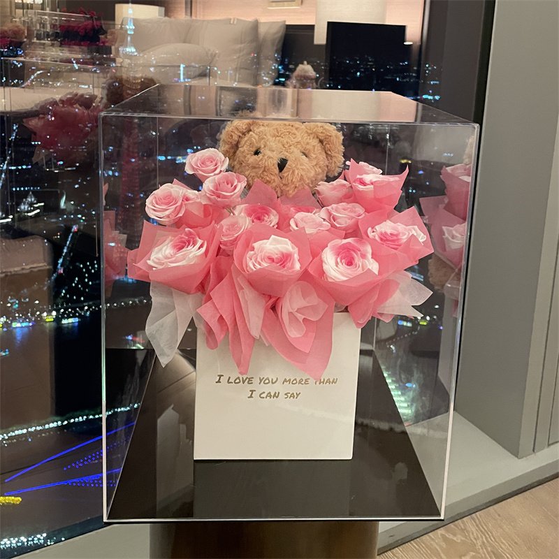 Wholesale Valentine Day Natural Real Plush Bear Acrylic Gift Box Flowers Decor Wedding Dried Flowers Eternal Preserve Roses