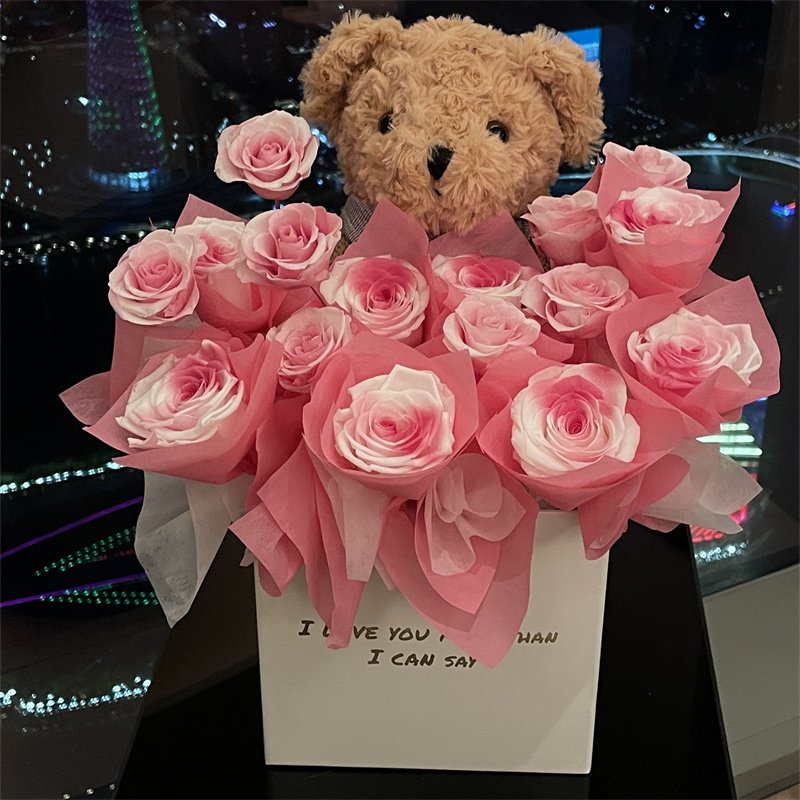 Wholesale Valentine Day Natural Real Plush Bear Acrylic Gift Box Flowers Decor Wedding Dried Flowers Eternal Preserve Roses