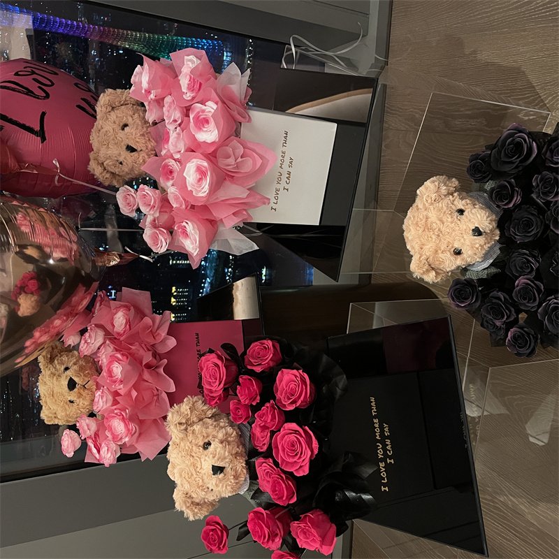 Wholesale Valentine Day Natural Real Plush Bear Acrylic Gift Box Flowers Decor Wedding Dried Flowers Eternal Preserve Roses