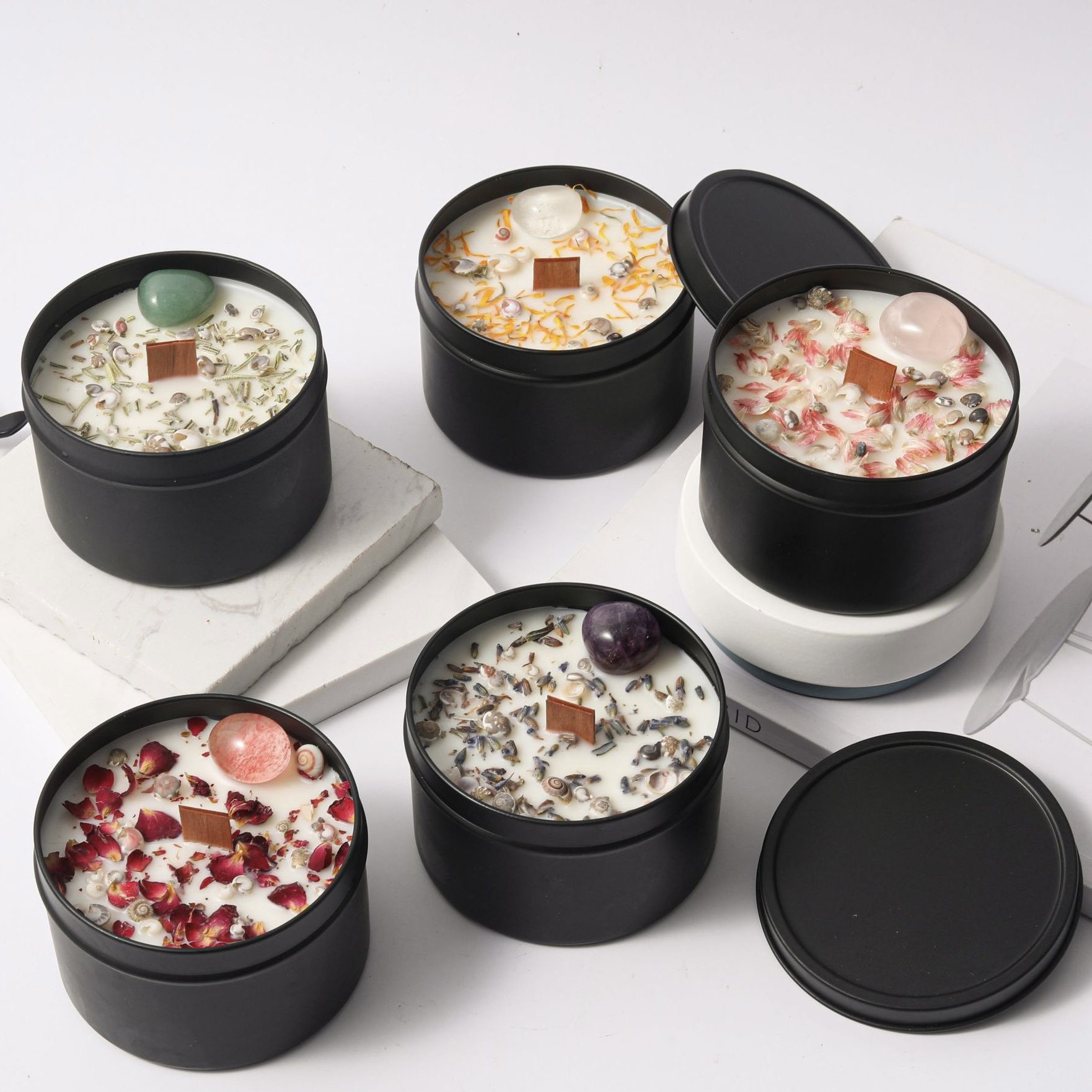 Luxury Custom Private Label Dried Flowers Healing Crystal Aromatherapy Scented Candle/Candels