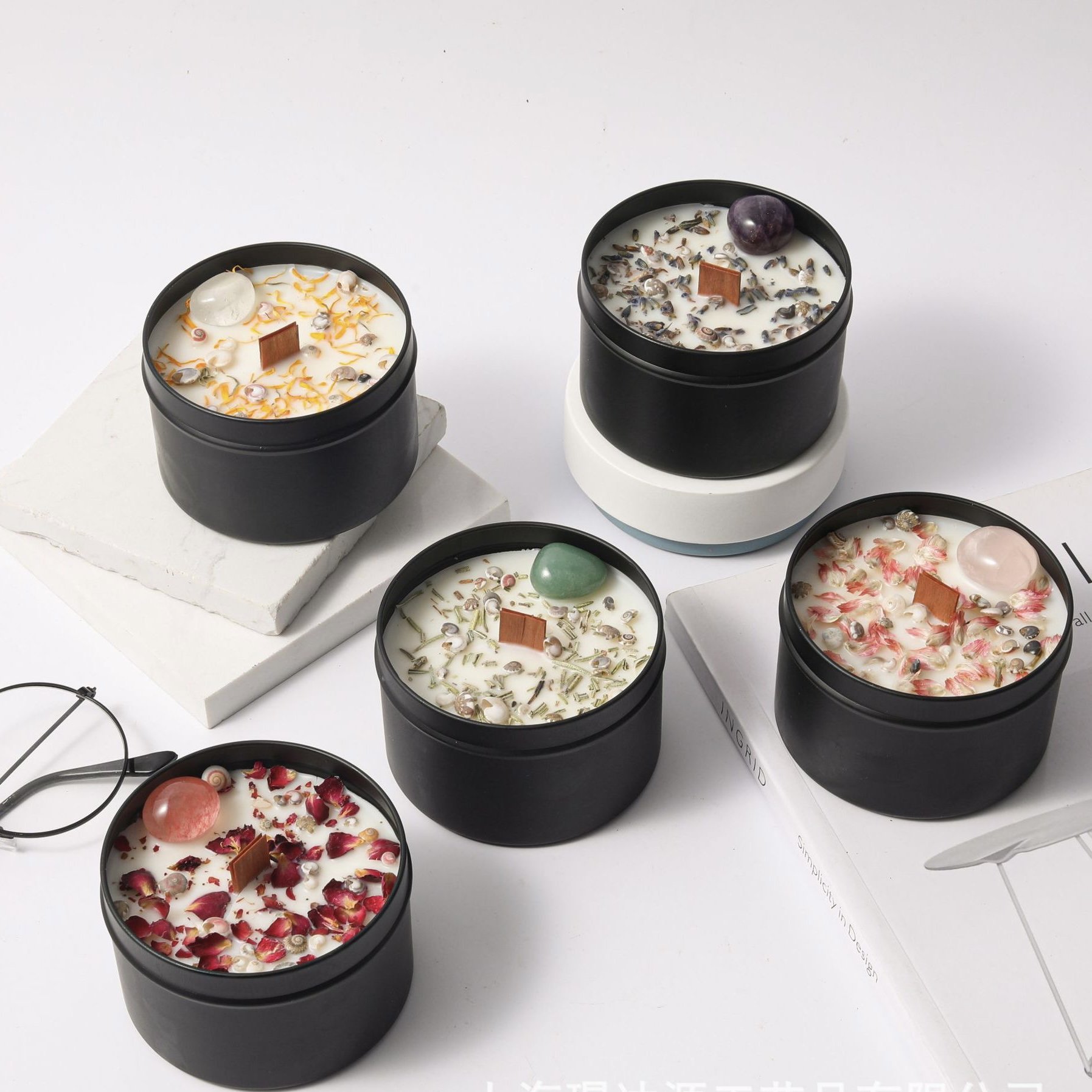 Luxury Custom Private Label Dried Flowers Healing Crystal Aromatherapy Scented Candle/Candels