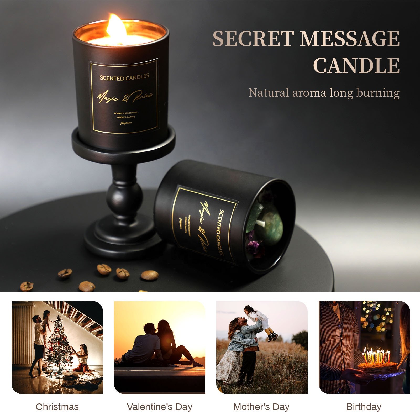 Custom Black Scented Candles Dried Flowers Herbal Aromatherapy Chakra Crystal Infused Candle Luxury Scented Candle Gift Set