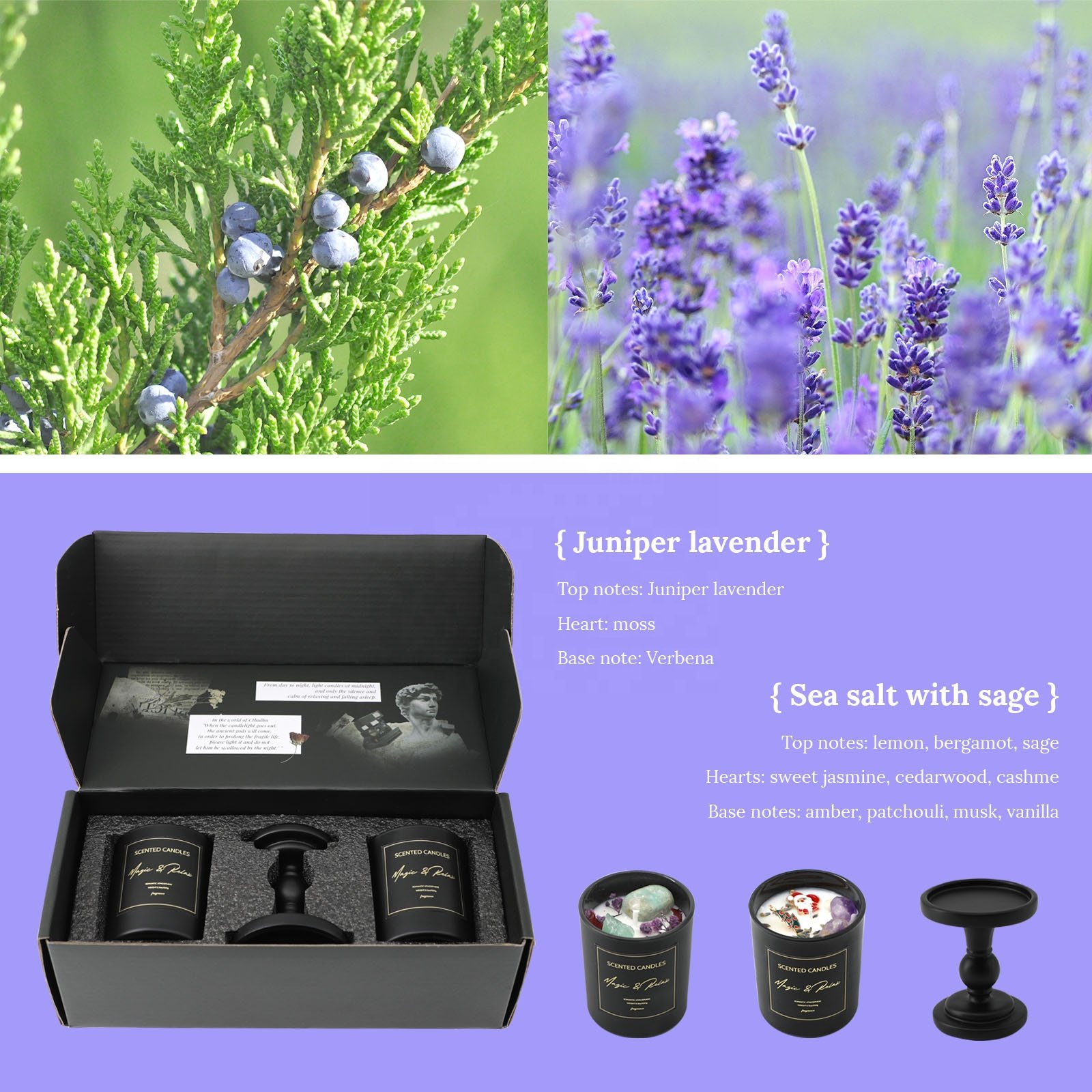 Custom Black Scented Candles Dried Flowers Herbal Aromatherapy Chakra Crystal Infused Candle Luxury Scented Candle Gift Set