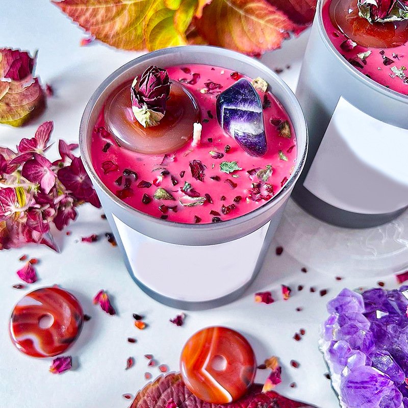 Seawell Custom Handmade Wooden Fragrance Chakra Candle Luxury Healing Gemstone Crystal Soy Wax Scented Candles with Dried Flower