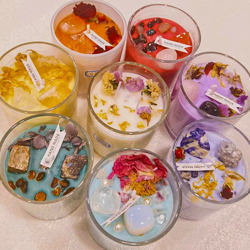 Seawell Custom Handmade Wooden Fragrance Chakra Candle Luxury Healing Gemstone Crystal Soy Wax Scented Candles with Dried Flower