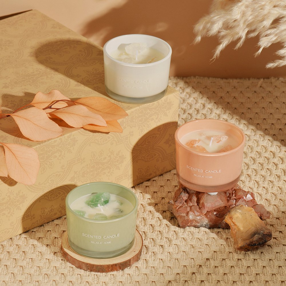Home Fragrance Bath Body Work Chakra Dried Flower Custom Natural Stone Glass Jar Scented Candles