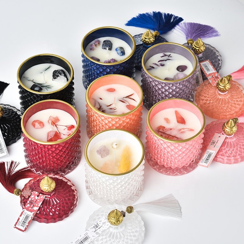 Luxury Natural Aroma Aromatherapy Candles Private Home Fragrance Gift Set Crystals Embossed Jar Candle Dried Flowers With Lid