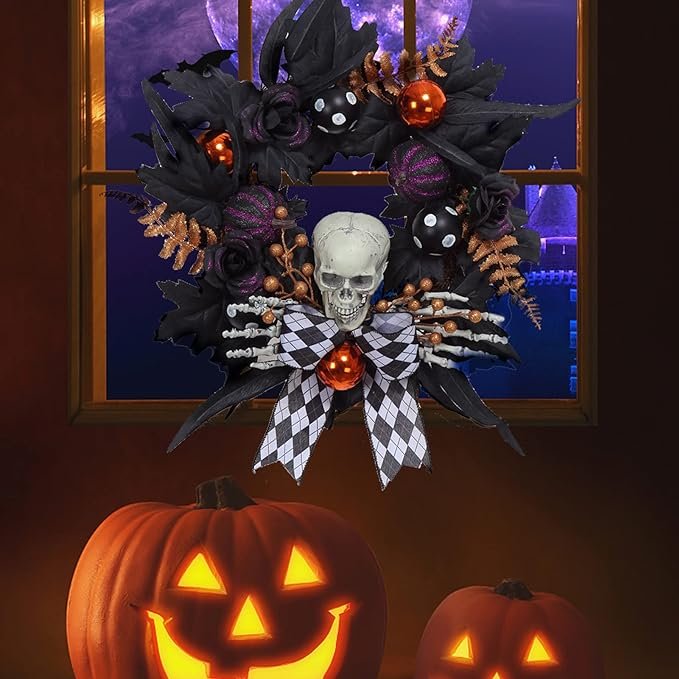 Halloween horror props holiday party horror skeleton decoration pumpkin wreath front door hanging celebration party supplies
