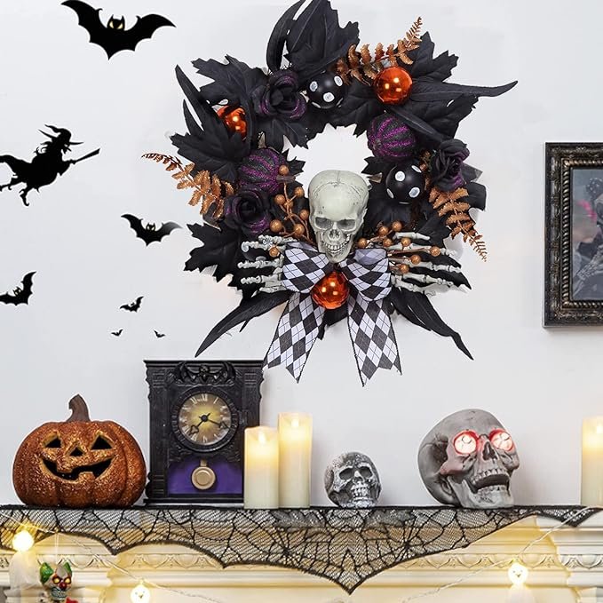 Halloween horror props holiday party horror skeleton decoration pumpkin wreath front door hanging celebration party supplies
