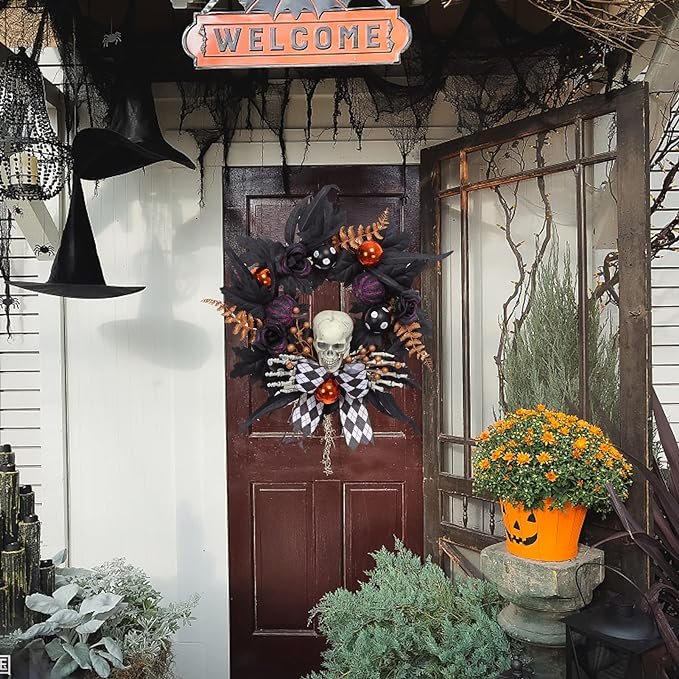 Halloween horror props holiday party horror skeleton decoration pumpkin wreath front door hanging celebration party supplies