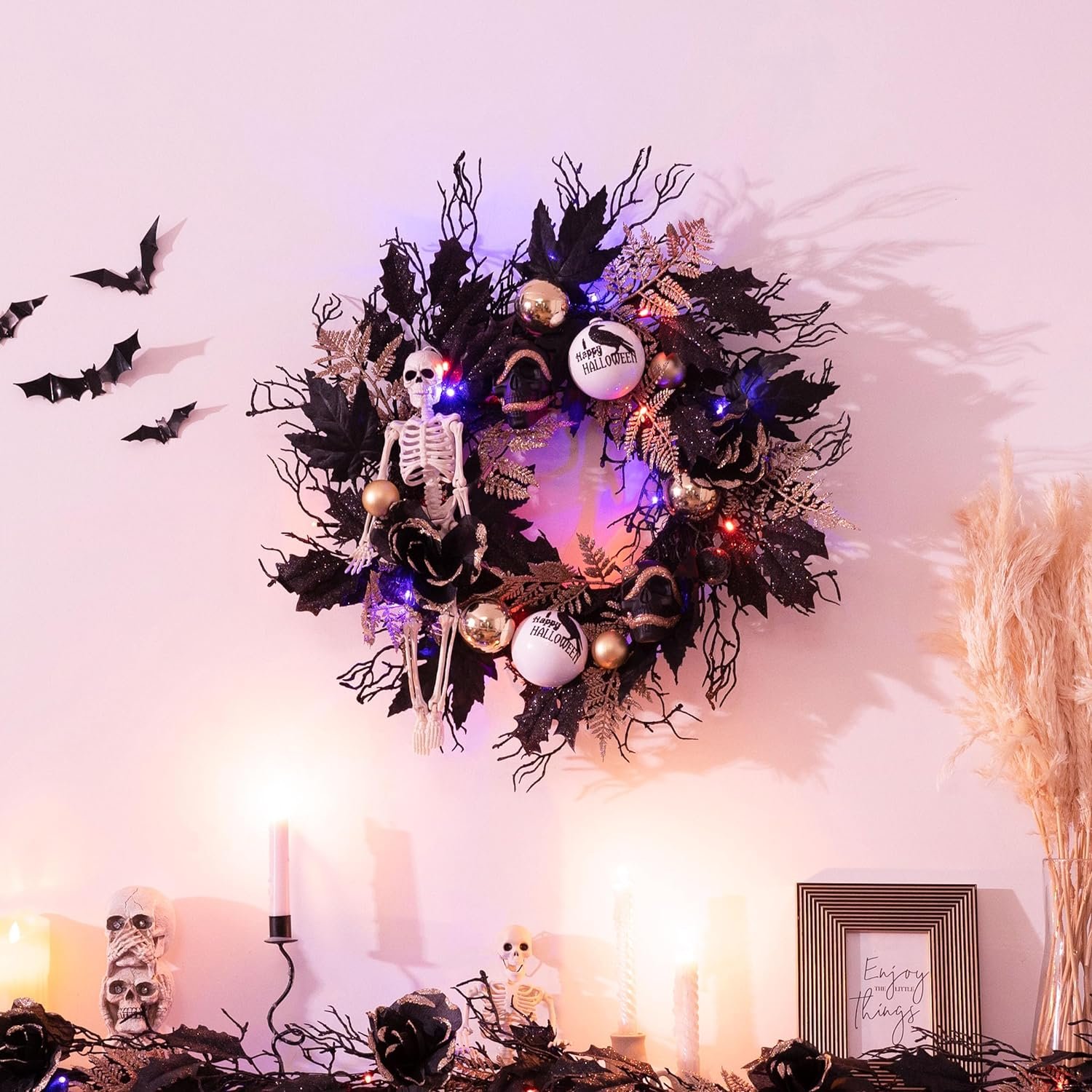 DIY Decoration Black Maple Leaf Artificial Horror Skull Black Dead Branch Wreath Halloween Celebration Decoration