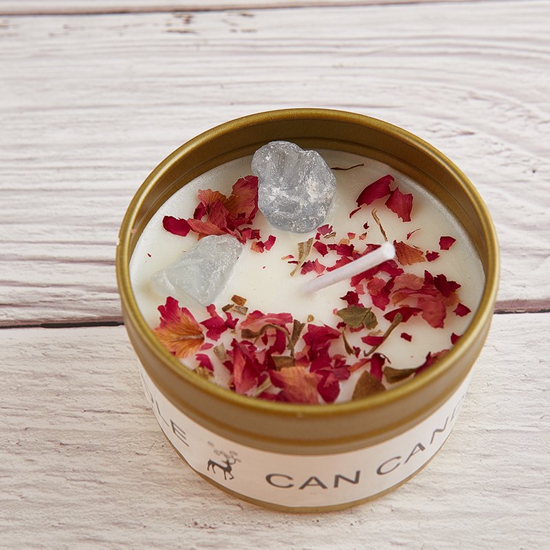 Home Decoration Aromatherapy Crystal Stone Candles Gold/Silver Tin Box Dried Flower Scented Soy Wax Smokeless Candle/Candels