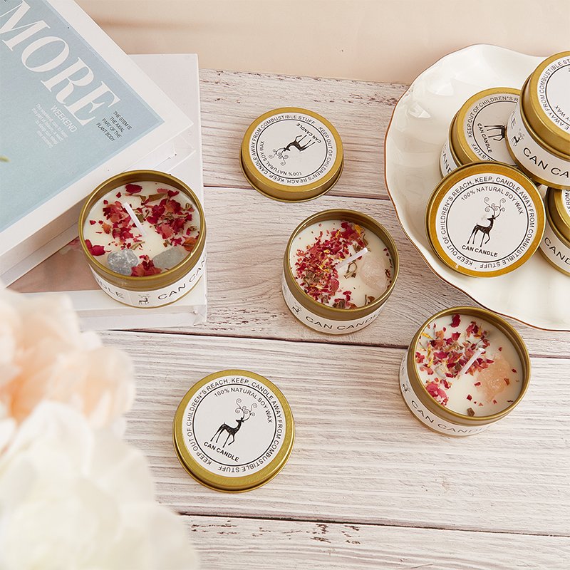 Home Decoration Aromatherapy Crystal Stone Candles Gold/Silver Tin Box Dried Flower Scented Soy Wax Smokeless Candle/Candels