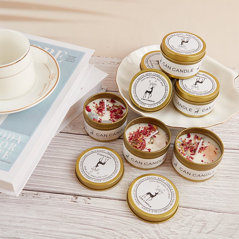 Home Decoration Aromatherapy Crystal Stone Candles Gold/Silver Tin Box Dried Flower Scented Soy Wax Smokeless Candle/Candels