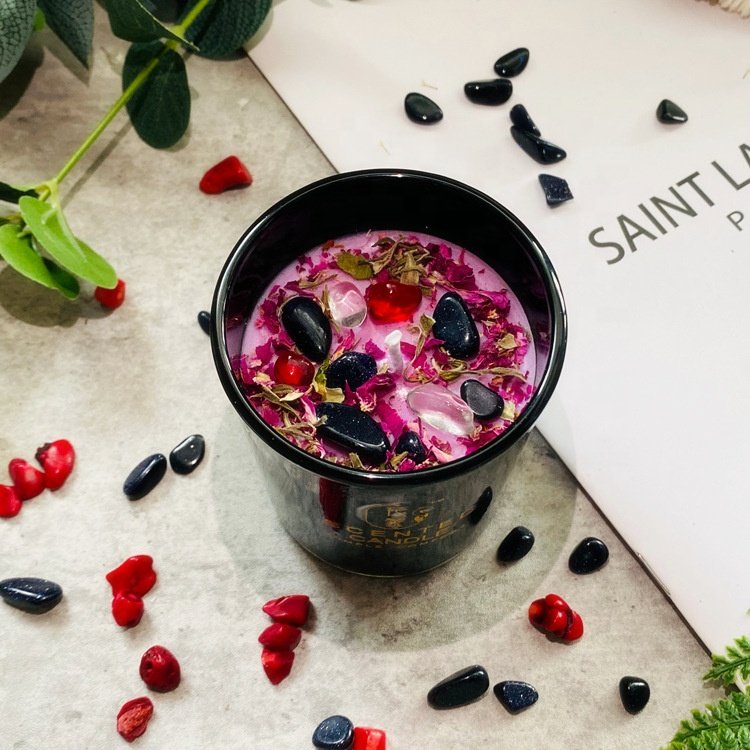 Luxury Crystal Dried Flowers Pink Soy Wax Scented Crystal Healing Scented Healing Crystal Black Jar Soy Candles