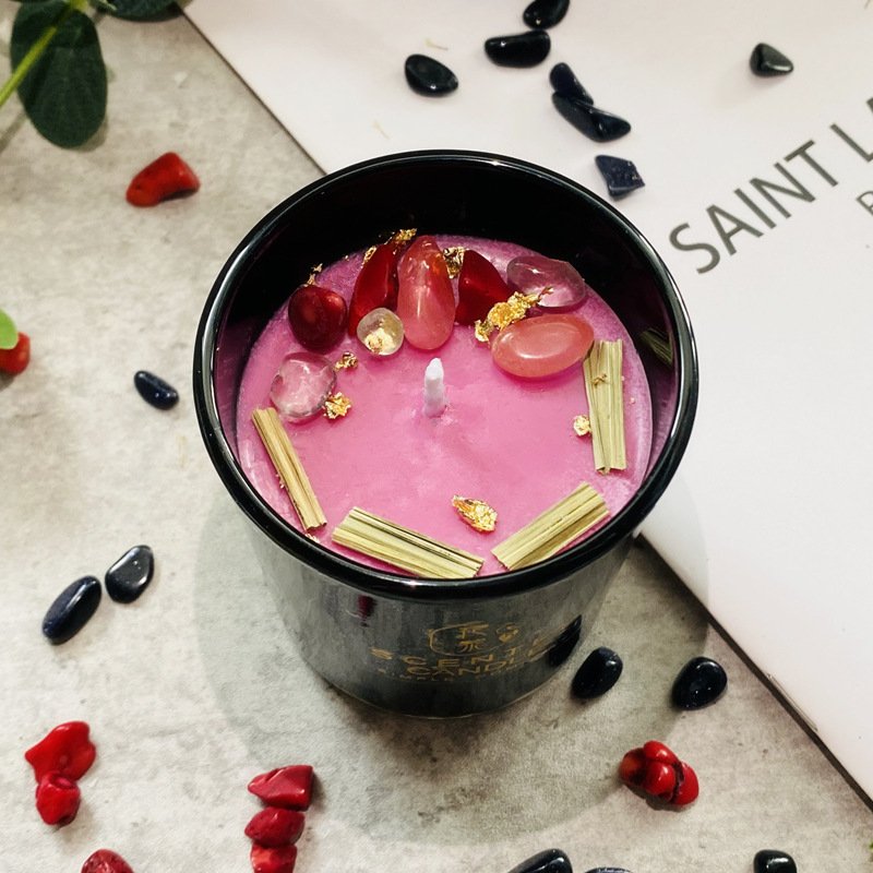 Luxury Crystal Dried Flowers Pink Soy Wax Scented Crystal Healing Scented Healing Crystal Black Jar Soy Candles