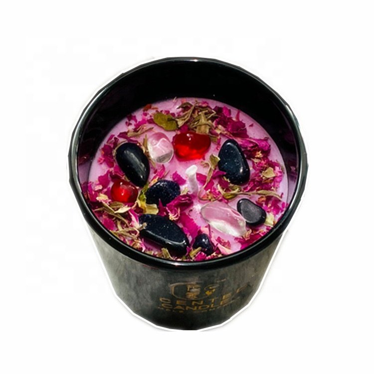 Luxury Crystal Dried Flowers Pink Soy Wax Scented Crystal Healing Scented Healing Crystal Black Jar Soy Candles