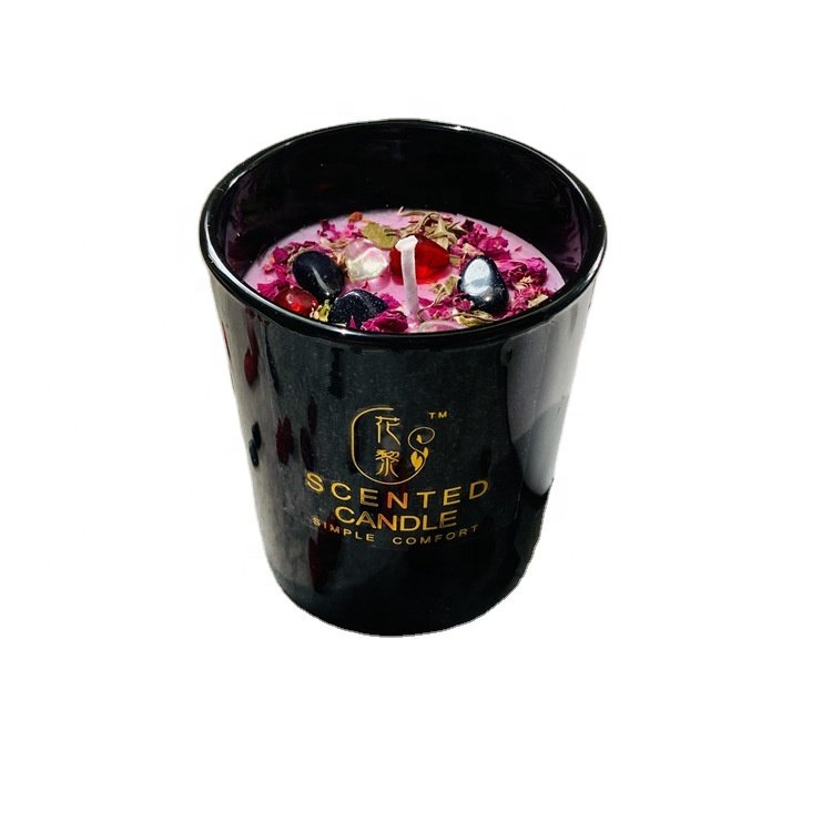 Luxury Crystal Dried Flowers Pink Soy Wax Scented Crystal Healing Scented Healing Crystal Black Jar Soy Candles