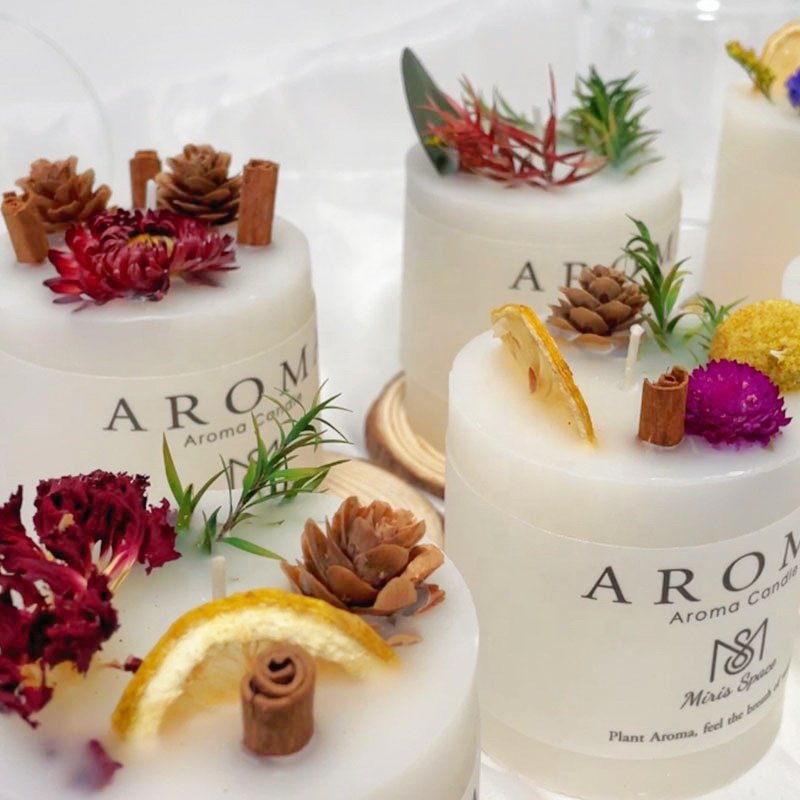 Pillar White Scented Aromatic Candle Fragrance Aroma Candles With Dried Flowers Decorative Candle With Glass Dome Lid