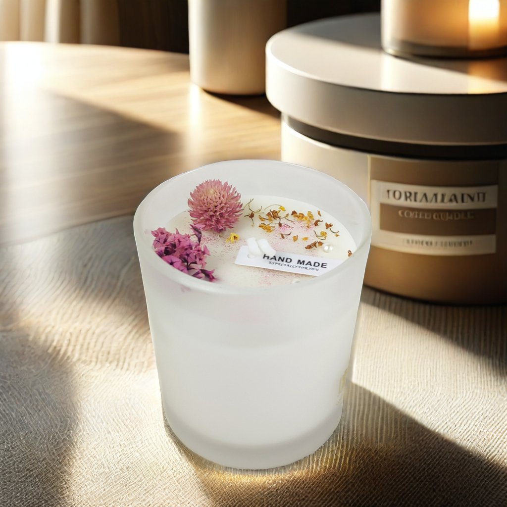 Custom Private Label hand-made dried flower scented candles in frosted glasses
