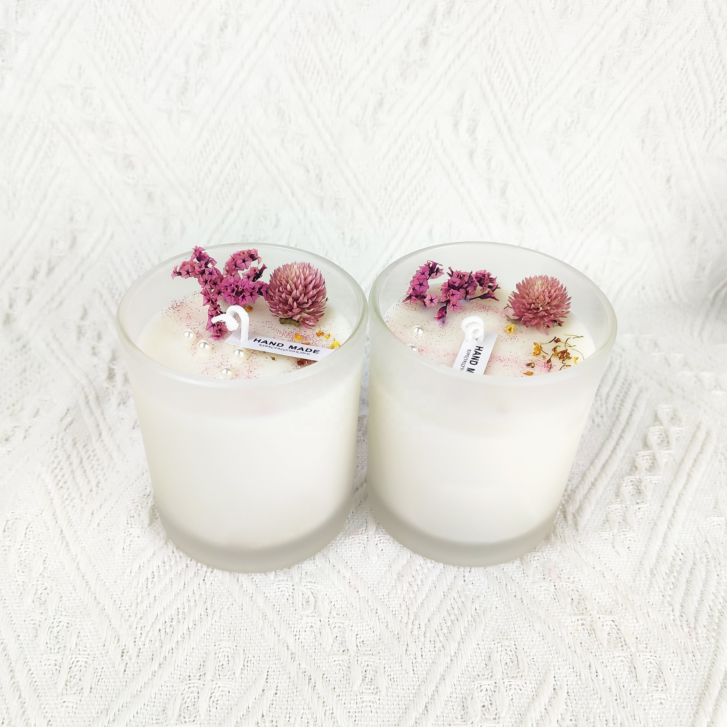 Custom Private Label hand-made dried flower scented candles in frosted glasses